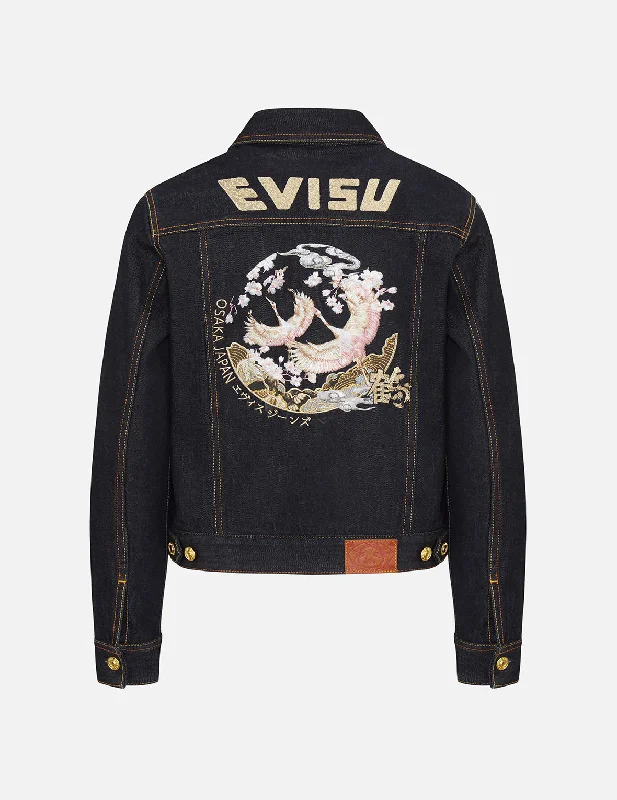 Denim Top for a Beachside Picnic with a Laid - Back Style Crane Graphic Embroidered Denim Jacket Denim Top for a Beachside Picnic with a Laid - Back Style Crane Graphic Embroidered Denim Jacket