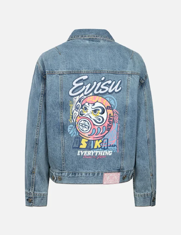 Denim Top with a Metallic Accent for a Shiny Look Daruma Appliqué Loose Fit Denim Jacket