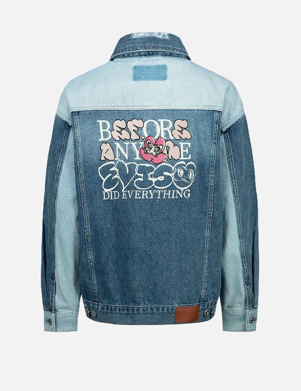 Patchwork Denim Top with a Unique and Artistic Appeal Daruma with Brand Motto Two-tone Denim Jacket Patchwork Denim Top with a Unique and Artistic Appeal Daruma with Brand Motto Two-tone Denim Jacket
