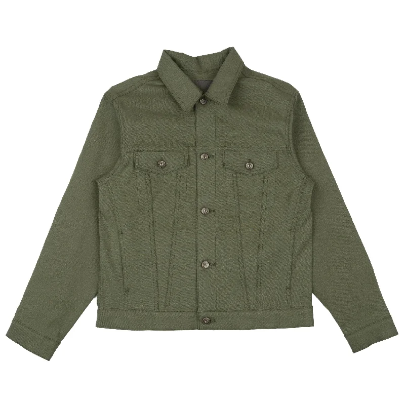 Distressed Denim Top for a Trendy and Edgy Look Denim Jacket - Army Green Duck Selvedge Distressed Denim Top for a Trendy and Edgy Look Denim Jacket - Army Green Duck Selvedge