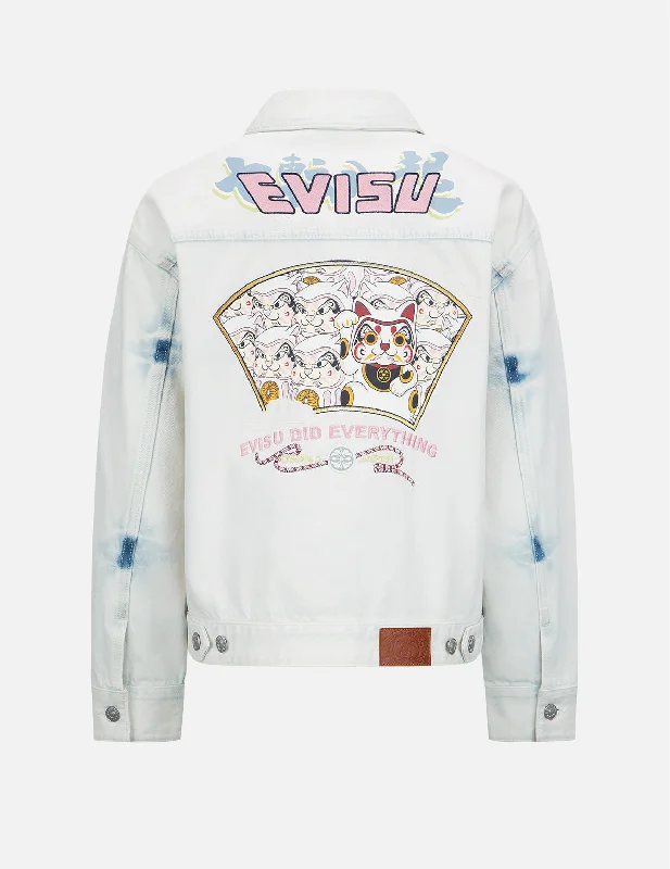 Fringed Denim Top with a Bohemian Flair Fortune Cat with Daruma Print Denim Jacket