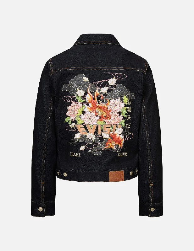  Goldfish and Floral Flow Embroidery Regular Fit Denim Jacket