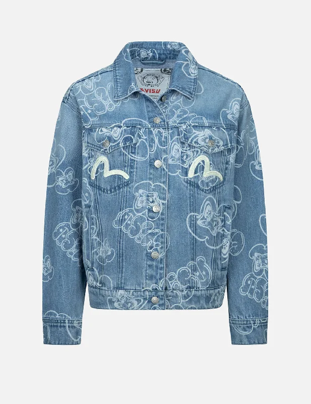 Denim Top with a Peplum Hem for a Flirty and Feminine Look Graffiti Daruma and Logo Allover Discharged Print Denim Jacket Denim Top with a Peplum Hem for a Flirty and Feminine Look Graffiti Daruma and Logo Allover Discharged Print Denim Jacket