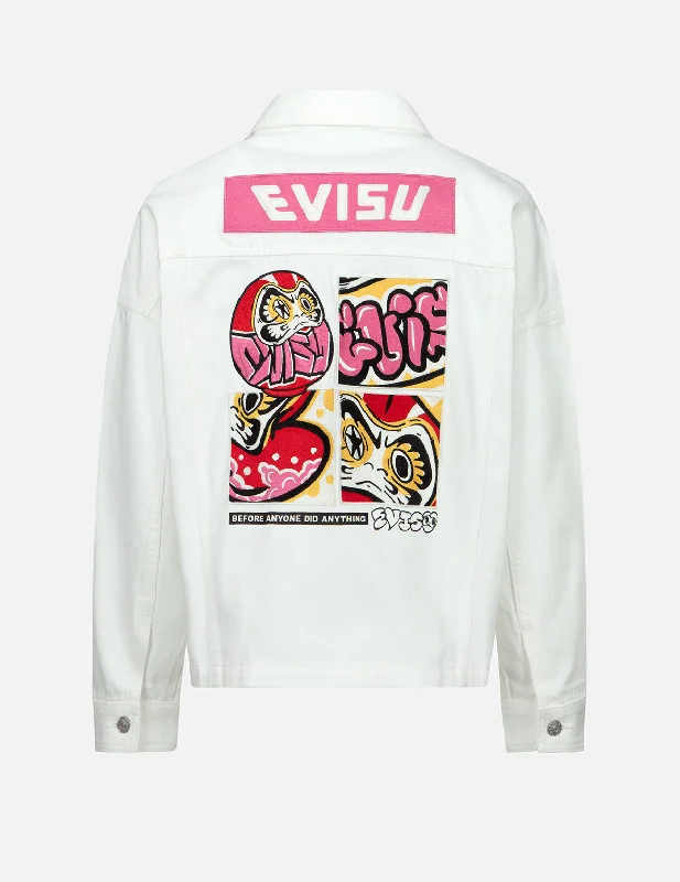 Washed - Out Denim Top for a Vintage Aesthetic Graffiti Daruma Embroidery Zip-up Shirt Jacket Washed - Out Denim Top for a Vintage Aesthetic Graffiti Daruma Embroidery Zip-up Shirt Jacket