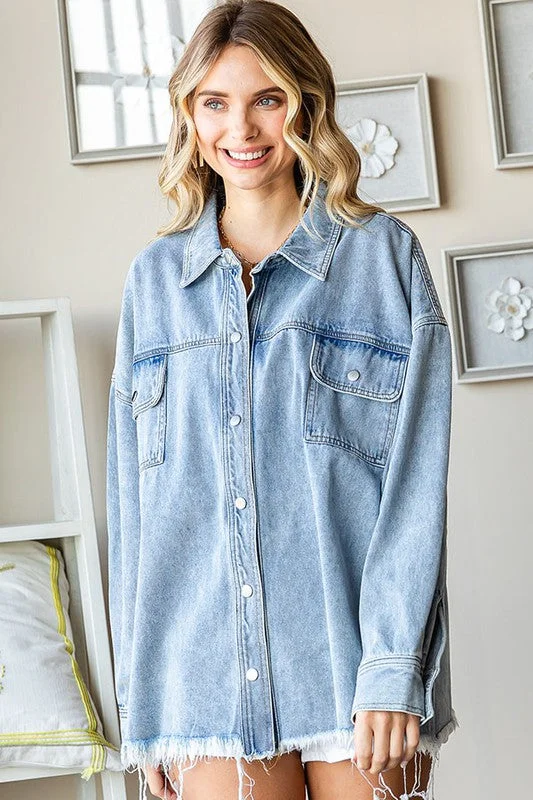 Denim Top with a Peplum Hem for a Flirty and Feminine Look Grin and Wear It Denim Shacket Denim Top with a Peplum Hem for a Flirty and Feminine Look Grin and Wear It Denim Shacket