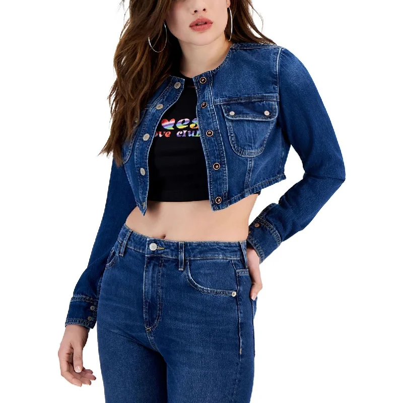 Denim Top with a Collared Neckline for a Preppy Style Guess Womens Lyssa Collarless Short Denim Jacket Denim Top with a Collared Neckline for a Preppy Style Guess Womens Lyssa Collarless Short Denim Jacket