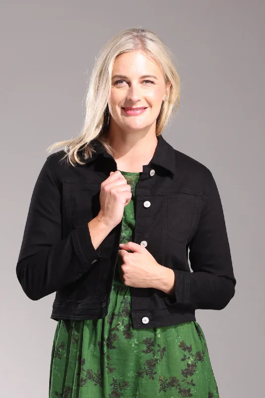 Cropped Denim Top to Pair with High - Waisted Bottoms Coloured Cotton Blend Crop Jacket | Black | 6921ZZ Cropped Denim Top to Pair with High - Waisted Bottoms Coloured Cotton Blend Crop Jacket | Black | 6921ZZ