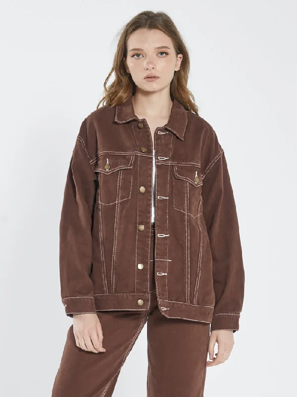 Denim Top with a Peplum Hem for a Flirty and Feminine Look Madi Jacket - Washed Cocoa Denim Top with a Peplum Hem for a Flirty and Feminine Look Madi Jacket - Washed Cocoa