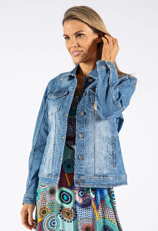 Washed - Out Denim Top for a Vintage Aesthetic Medium Wash Denim Jacket