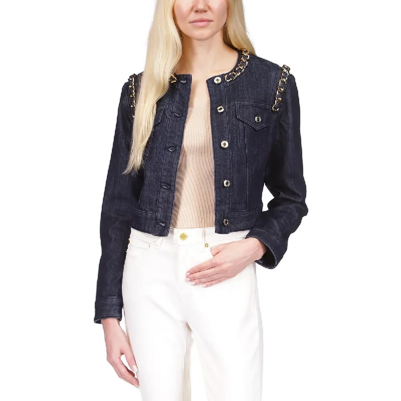 Washed - Out Denim Top for a Vintage Aesthetic MICHAEL Michael Kors Womens Chain Denim Denim Jacket Washed - Out Denim Top for a Vintage Aesthetic MICHAEL Michael Kors Womens Chain Denim Denim Jacket