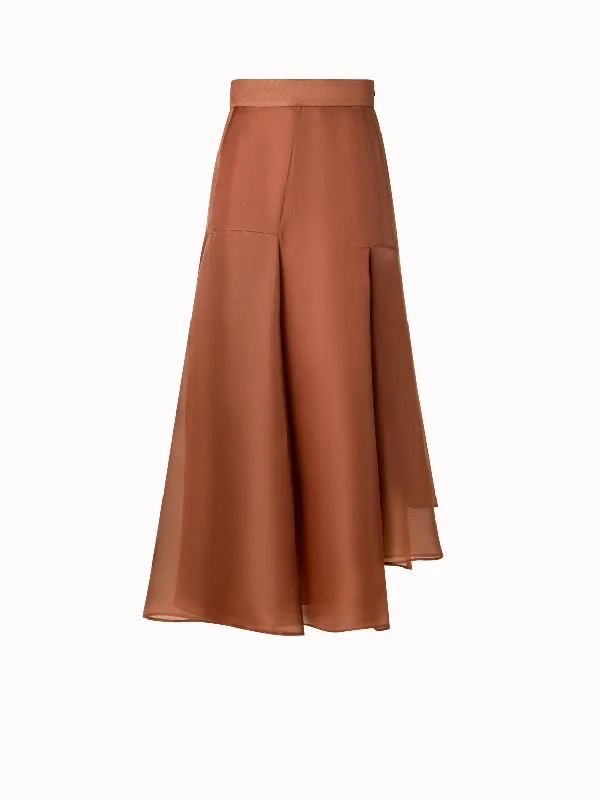 Skirts with a back vent Midi Skirt in Silk Organza with Asymmetrical Pleats
