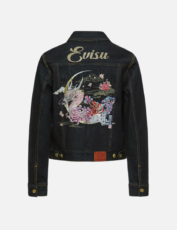 Washed - Out Denim Top for a Vintage Aesthetic Moonlight Dragon Embroidered Denim Jacket