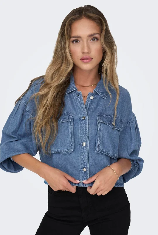 Cropped Denim Top to Pair with High - Waisted Bottoms ONLY LOVA LS CROP DENIM SHIRT