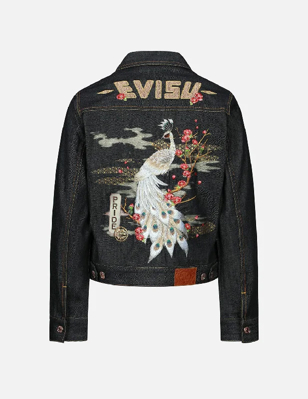 Embroidered Denim Top with Intricate Patterns Peacock and Tsubaki Embroidery Denim Jacket Embroidered Denim Top with Intricate Patterns Peacock and Tsubaki Embroidery Denim Jacket