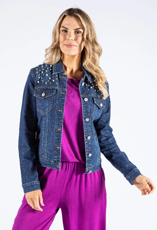 Denim Top with a Floral Print for a Feminine Touch Pearl Beaded Denim Jacket