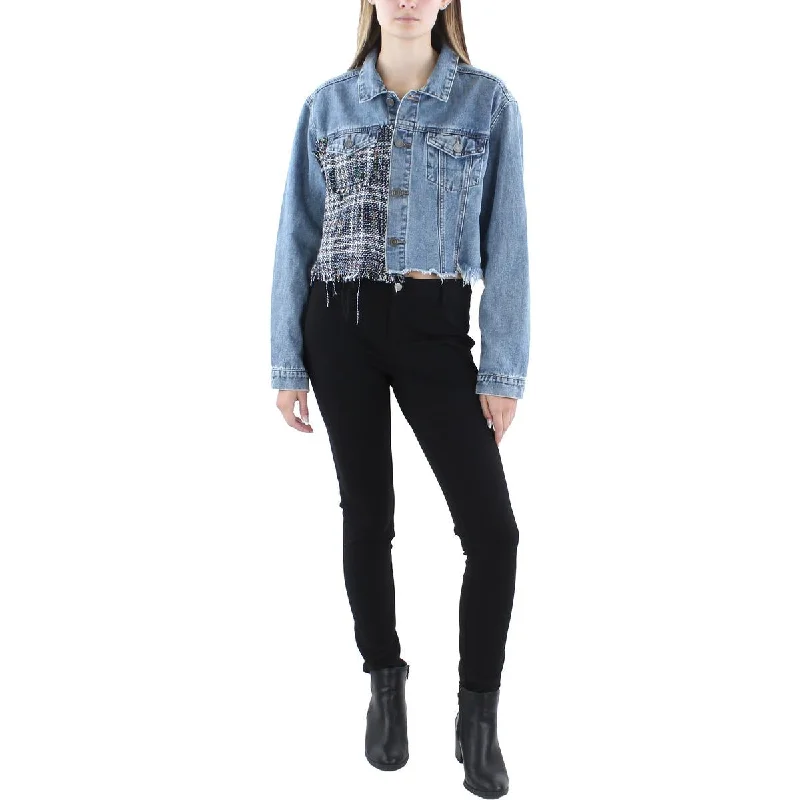 Distressed Denim Top for a Trendy and Edgy Look Rubberband Jeans Womens Denim Tweed Trim Denim Jacket Distressed Denim Top for a Trendy and Edgy Look Rubberband Jeans Womens Denim Tweed Trim Denim Jacket