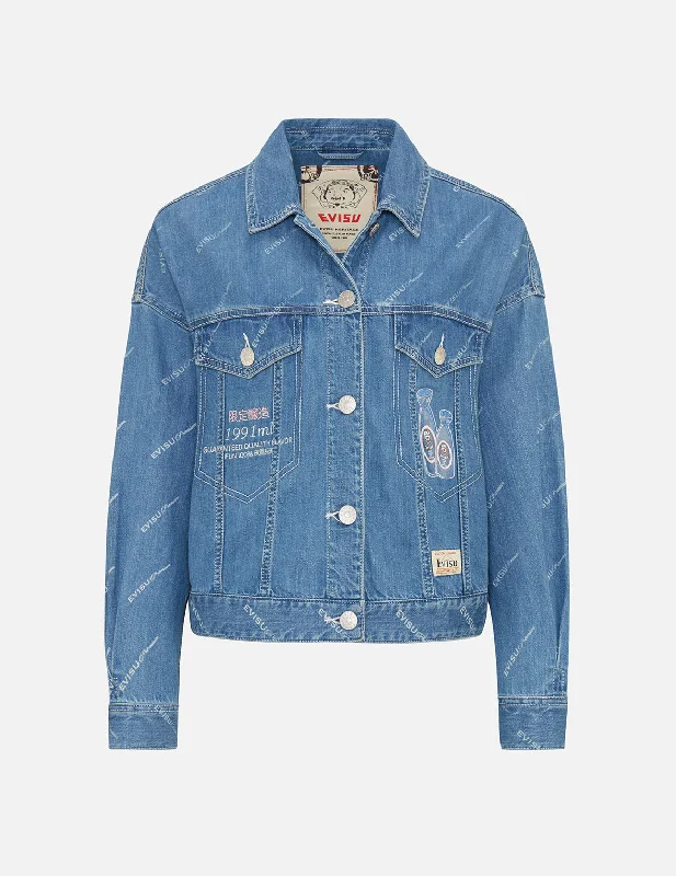 Denim Top with a Metallic Accent for a Shiny Look Sake Bottle Embroidered Monogram Print Denim Jacket