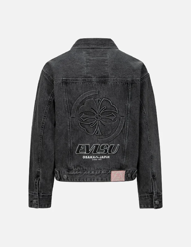 Denim Top with a Peplum Hem for a Flirty and Feminine Look Seagull Embroidery and Kamon Embossed Print Loose Fit Denim Jacket Denim Top with a Peplum Hem for a Flirty and Feminine Look Seagull Embroidery and Kamon Embossed Print Loose Fit Denim Jacket