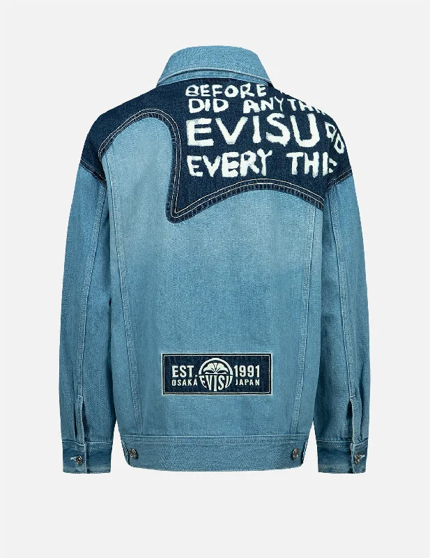 Long - Sleeve Denim Top for Cold Weather Layering Seagull Embroidery and Slogan-print Blocking Denim Jacket Long - Sleeve Denim Top for Cold Weather Layering Seagull Embroidery and Slogan-print Blocking Denim Jacket