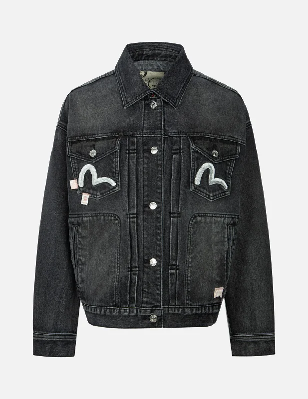 Embroidered Denim Top with Intricate Patterns Seagull Embroidery with Logo-pattern Panelled Fashion Fit Denim Jacket Embroidered Denim Top with Intricate Patterns Seagull Embroidery with Logo-pattern Panelled Fashion Fit Denim Jacket