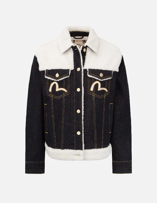 Denim Top for a Beachside Picnic with a Laid - Back Style Sherpa Blocking Denim Jacket Denim Top for a Beachside Picnic with a Laid - Back Style Sherpa Blocking Denim Jacket
