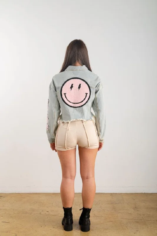 Plus - Size Denim Top for a Comfortable and Stylish Fit Smiley Crop Denim Jacket