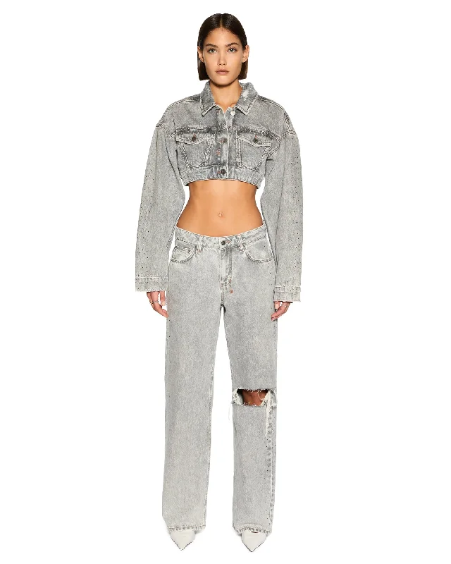 Studded Denim Top for a Glamorous and Bold Style SUPERCROP TRUCKER DIME KRYSTAL