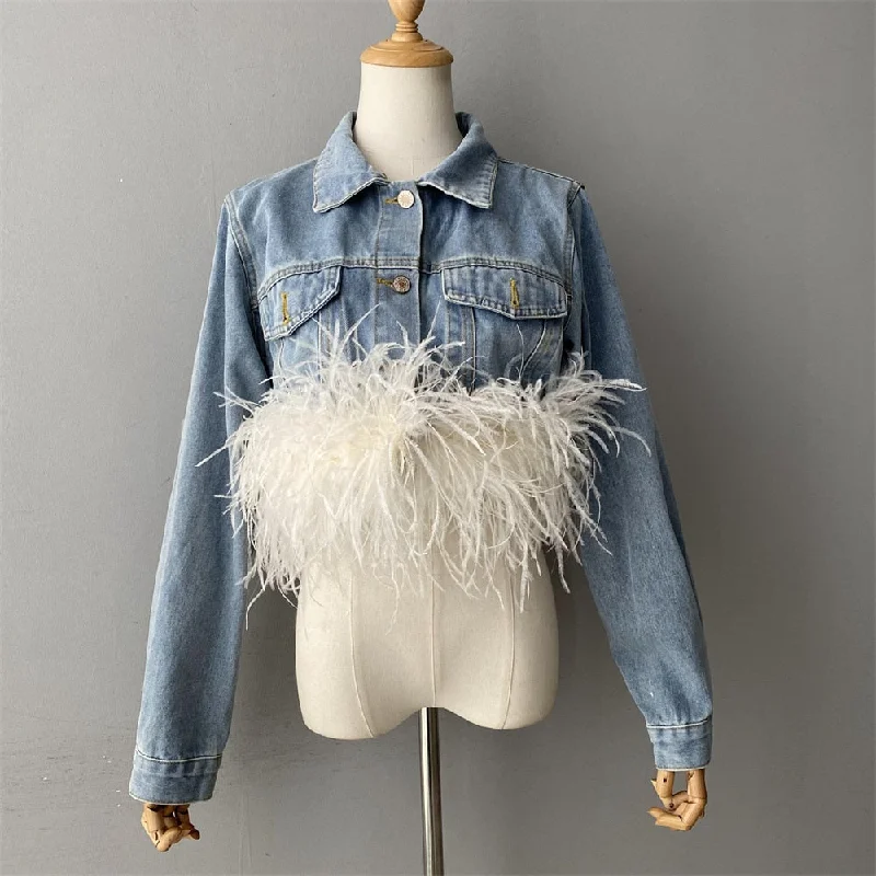 Denim Top for a Music Festival with a Rock - n - Roll Vibe Women's Light Blue Denim Ostrich Feather Full Sleeves Jacket Outerwear Denim Top for a Music Festival with a Rock - n - Roll Vibe Women's Light Blue Denim Ostrich Feather Full Sleeves Jacket Outerwear