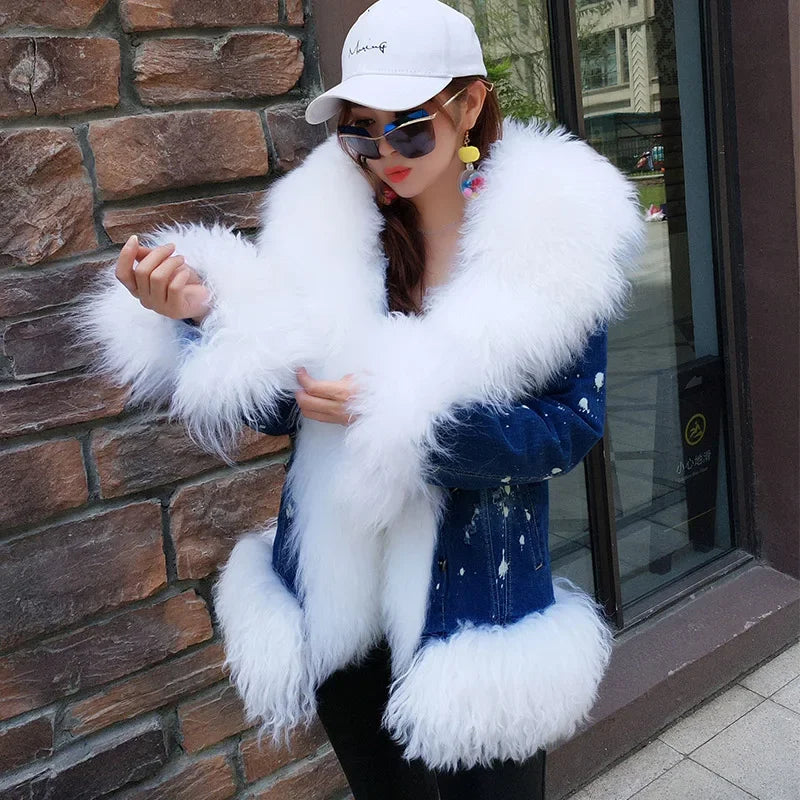 Ripped Denim Top for a Rebellious Fashion Statement Women's Winter Polka Dot Wool Lined Luxurious Fur Collar Denim Jacket Ripped Denim Top for a Rebellious Fashion Statement Women's Winter Polka Dot Wool Lined Luxurious Fur Collar Denim Jacket