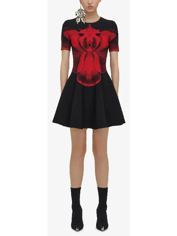 Lace - Embellished Women Dress for an Elegant and Sophisticated Appearance Abstract Orchid Print Fit and Flare Knit Mini Dress in Black Lace - Embellished Women Dress for an Elegant and Sophisticated Appearance Abstract Orchid Print Fit and Flare Knit Mini Dress in Black