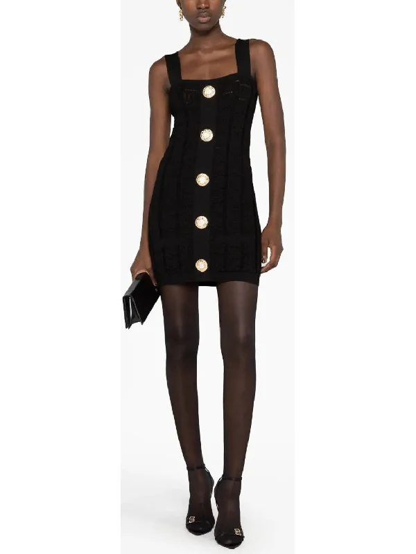 Printed Abstract Women Dress for a Modern and Artistic Appeal Buttoned Open-Knit Mini Dress, Black Printed Abstract Women Dress for a Modern and Artistic Appeal Buttoned Open-Knit Mini Dress, Black