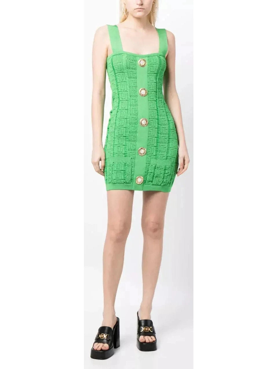 Long - Sleeve Women Dress in Velvet for a Luxurious Winter Look Buttoned Open-Knit Mini Dress, Green Long - Sleeve Women Dress in Velvet for a Luxurious Winter Look Buttoned Open-Knit Mini Dress, Green