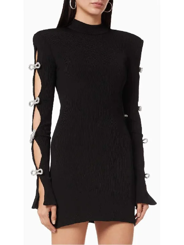 Ruffled Women Dress with Multiple Layers for a Playful and Girly Style Crystal-Embellished Cut-Out Ribbed Knit Mini Dress, Black Ruffled Women Dress with Multiple Layers for a Playful and Girly Style Crystal-Embellished Cut-Out Ribbed Knit Mini Dress, Black