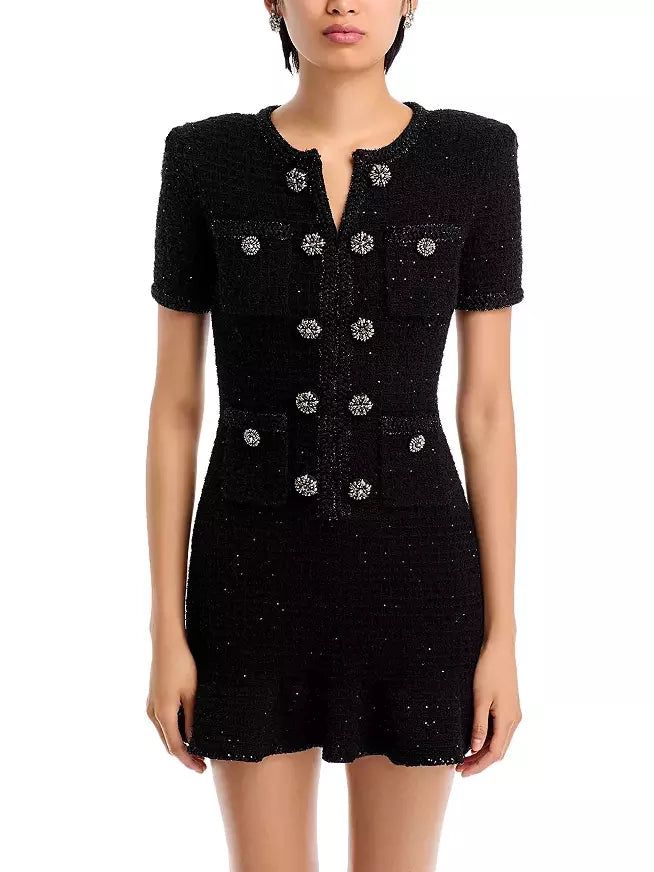 Mini Women Dress with a Short Hem for a Young and Trendy Style Decorative-Button-Embellished Black Tweed Mini Dress Mini Women Dress with a Short Hem for a Young and Trendy Style Decorative-Button-Embellished Black Tweed Mini Dress