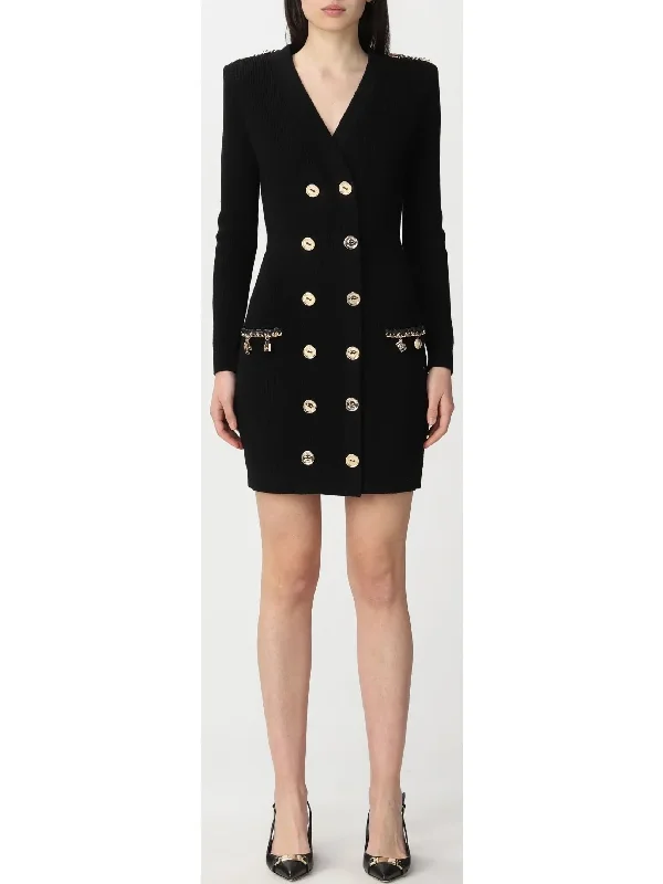 Backless Women Dress for a Sexy and Alluring Look at Evening Events Double-Breasted Knit Mini Dress with Charm Details Backless Women Dress for a Sexy and Alluring Look at Evening Events Double-Breasted Knit Mini Dress with Charm Details