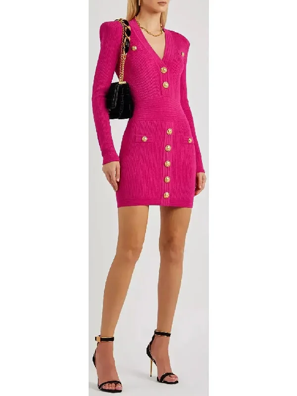 Empire Waist Women Dress to Accentuate the Bust and Conceal the Waist Fuchsia Ribbed Stretch-Knit Mini Dress Empire Waist Women Dress to Accentuate the Bust and Conceal the Waist Fuchsia Ribbed Stretch-Knit Mini Dress