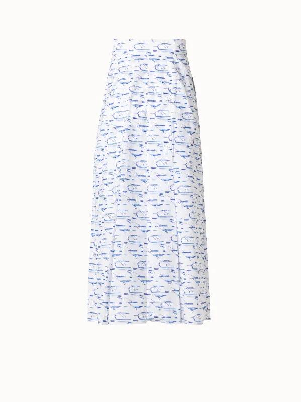 Skirts for a holiday Pleated Cotton Midi Skirt with Kasuri Birds Print