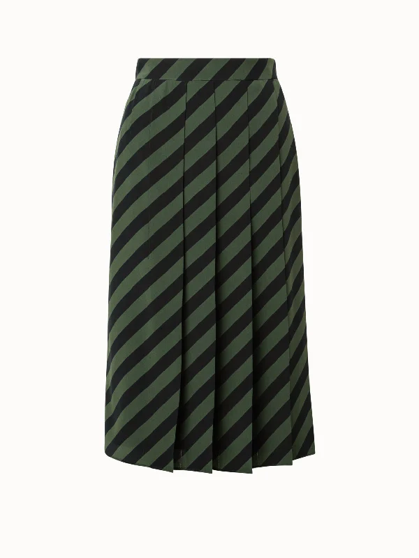 Pencil skirts in plus sizes Silk Crêpe Knee-Length Pleated Skirt with Diagonal Stripes