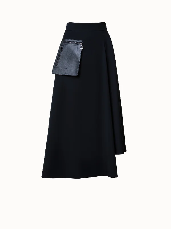 Satin skirts for a glamorous touch Wool Gabardine Asymmetrical Midi Skirt with Leather Pocket
