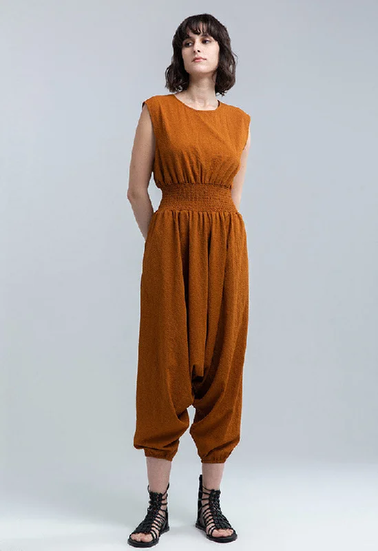 Women jumpsuits with an empire waist for a figure - enhancing look Seer Sucker Pattern Harem Jumpsuit Women jumpsuits with an empire waist for a figure - enhancing look Seer Sucker Pattern Harem Jumpsuit
