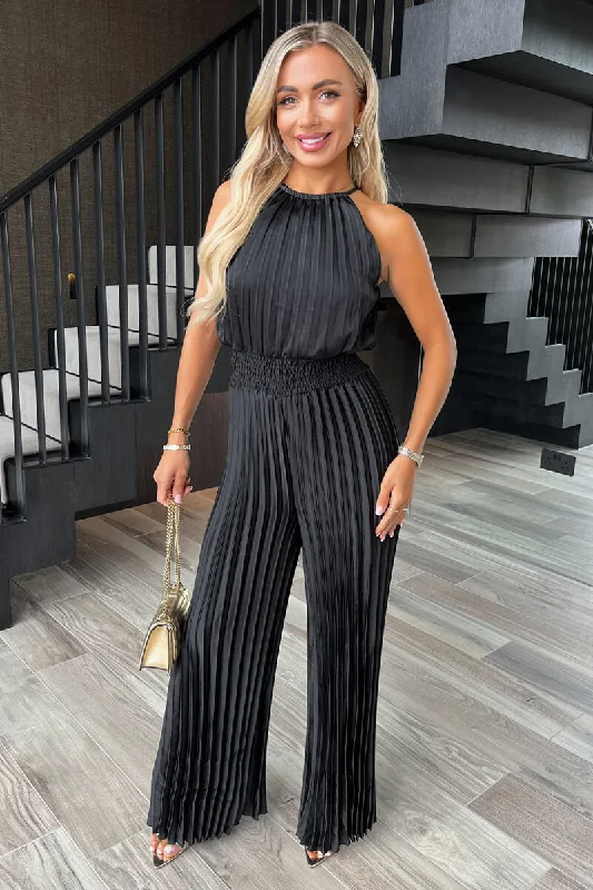 Women jumpsuits with gathered pants for a voluminous and elegant look Black Halter Neck Shirred Waist Pleated Jumpsuit