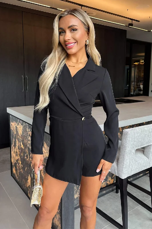 Women jumpsuits with one - shoulder tops for a stylish and asymmetric look Black Long Sleeve Wrap Blazer Playsuit Women jumpsuits with one - shoulder tops for a stylish and asymmetric look Black Long Sleeve Wrap Blazer Playsuit
