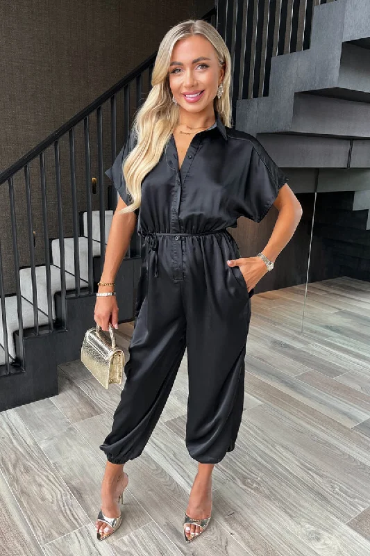 Women jumpsuits with an empire waist for a figure - enhancing look Black Satin Button Front Collared Tie Waist Jumpsuit Women jumpsuits with an empire waist for a figure - enhancing look Black Satin Button Front Collared Tie Waist Jumpsuit