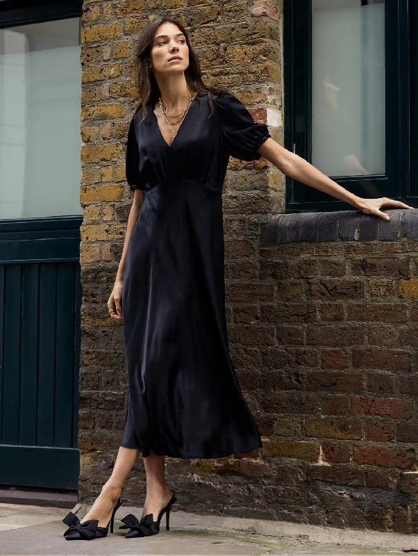 Women jumpsuits with polka - dot patterns for a classic and playful style Cathy Satin V-Neck Midi Dress | Caviar Black Women jumpsuits with polka - dot patterns for a classic and playful style Cathy Satin V-Neck Midi Dress | Caviar Black