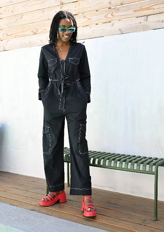 Women jumpsuits with bow - tie details for a sweet and charming appearance Cotton Crepe Jumpsuit - Black Women jumpsuits with bow - tie details for a sweet and charming appearance Cotton Crepe Jumpsuit - Black