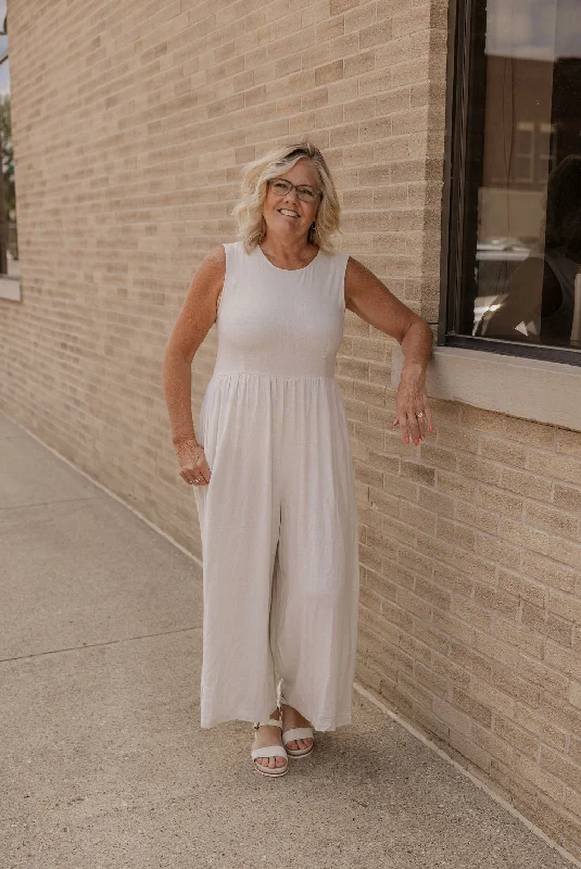 Ruffled women jumpsuits with a feminine touch for a date night DORY LINEN WIDE LEG JUMPSUIT