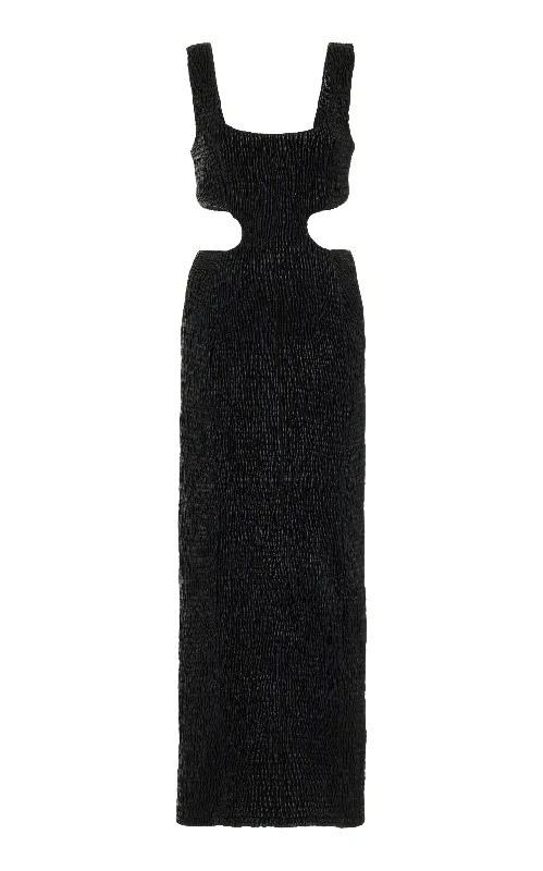 Mini Women Dress with a Short Hem for a Young and Trendy Style Gal Shirred Maxi Dress with Lining in Black Nappa Leather Mini Women Dress with a Short Hem for a Young and Trendy Style Gal Shirred Maxi Dress with Lining in Black Nappa Leather