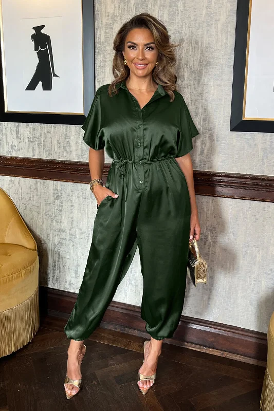 Linen women jumpsuits for a breathable and relaxed summer look Olive Satin Button Front Collared Tie Waist Jumpsuit Linen women jumpsuits for a breathable and relaxed summer look Olive Satin Button Front Collared Tie Waist Jumpsuit