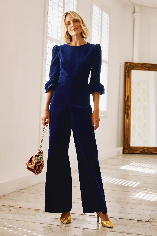 Women jumpsuits with wide - leg pants for a trendy and comfortable fit Victoria 3/4 Sleeve Stretch Corduroy Jumpsuit | Atlantic Blue Women jumpsuits with wide - leg pants for a trendy and comfortable fit Victoria 3/4 Sleeve Stretch Corduroy Jumpsuit | Atlantic Blue