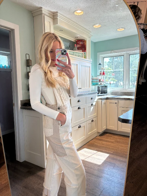 Women jumpsuits with cold - shoulder sleeves for a trendy style ZIY KHAKI COLORBLOCK TWILL OVERALLS